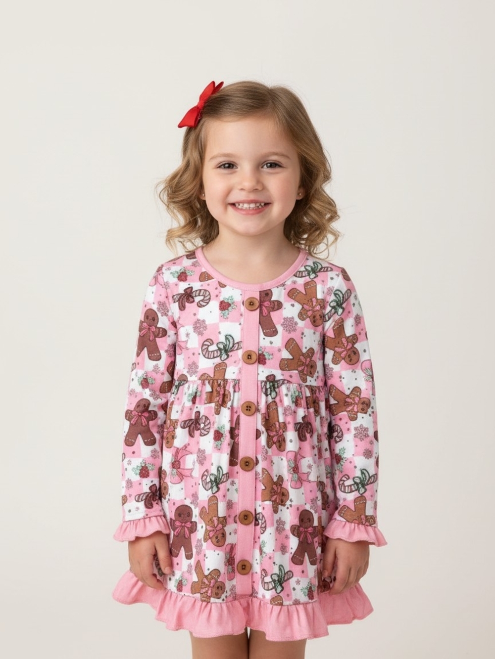Girls Pink Gingerbread Print Button-Front Pajama Dress